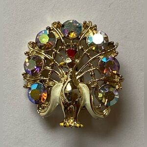 Vintage Peacock Brooch Aurora Borealis Rhinestones